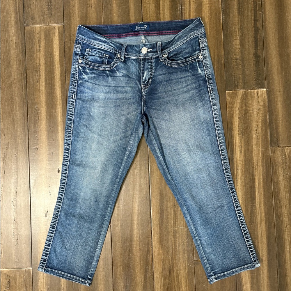 Sz 10 Classic Blue Cropped Jeans Denim Low Rise Y2K Embellished Loops Pockets